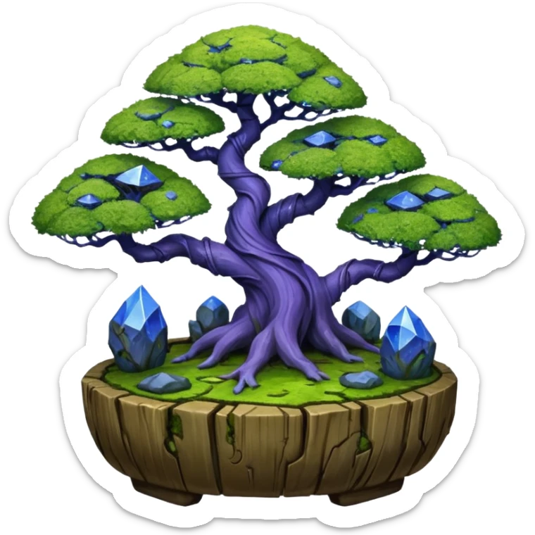 Cracked Futuristic wild glowing space alien moss maples shohin Bonsai hair-pine-leaf group multi faceted intricate hobbit-inspired boxwood purple blue informal rocky cliffhanger eight trees forest planting in shallow willow slab style pot with big animal-like feet  sticker