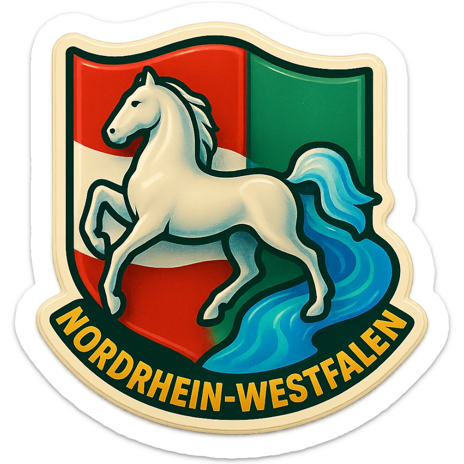 emoji of the Nordrhein-Westfalen horse and river, less cartoonish, with the Nordrhein-Westfalen flag as background, no text sticker