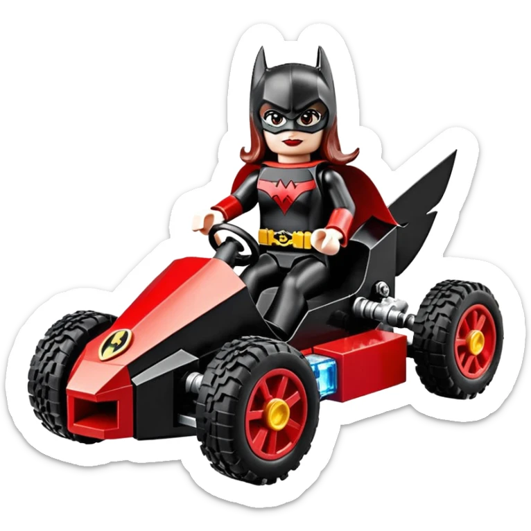 Hot full size real size-appearance electric road racing sexy BatWoman’s feminine midnight-colored tight outfit sixty’s tv show Lego dark stealthy sporty safe plush deluxe off-road pursuit cruiser car rose gold accents (black hair,reclined and relaxed torso and shoulders seating position) go kart  sticker