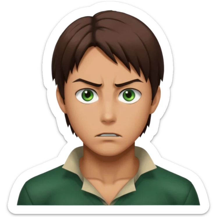 “Make him look like Eren Yeager S3 — long brown hair tied back, strong jawline, sharp green eyes, that cold, intense Eren vibe.” sticker