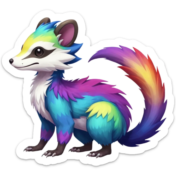 Colorful diaphanous Trico-Wickerbeast-Sergal-Skunk-Ferret-Furret-Marsupial-Vernid-fusion-Fakemon-animal-hybrid-creature, full body sticker