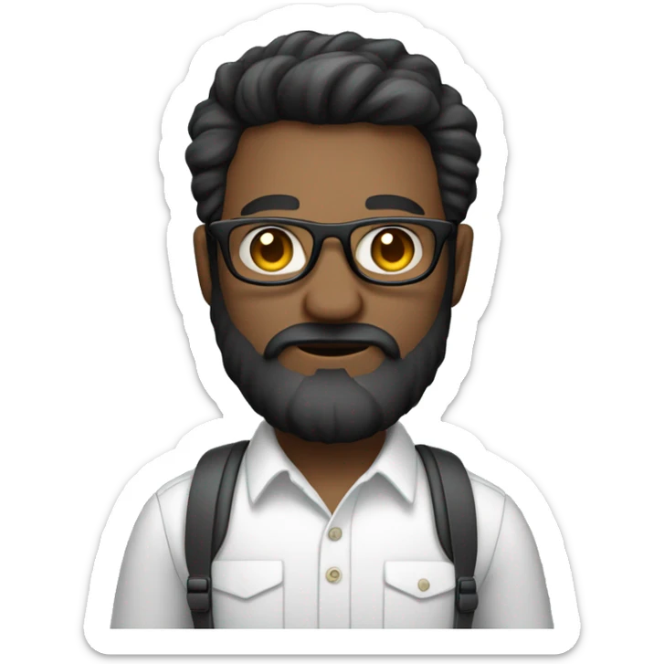 Emoji man with beard holding macbook in hands wearing glasses and shirt, profession - graphic designer. Features: white skin, full body type, dark hair, earring in left ear, dark skin sticker