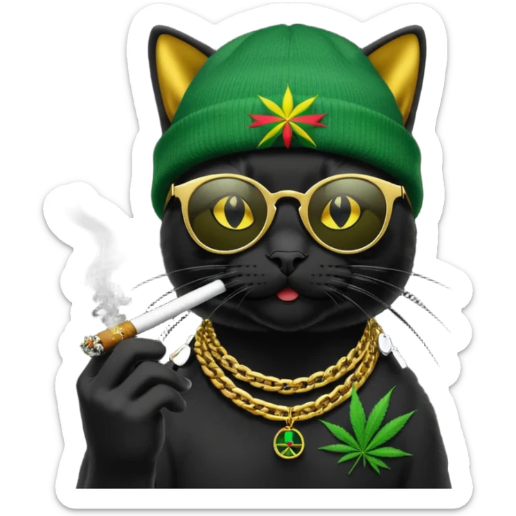 A black cat wearing the deal with it shades and a rasta beanie and smoking a joint and wearing a gold chain that says 420 and the words High Time at the top of the image sticker