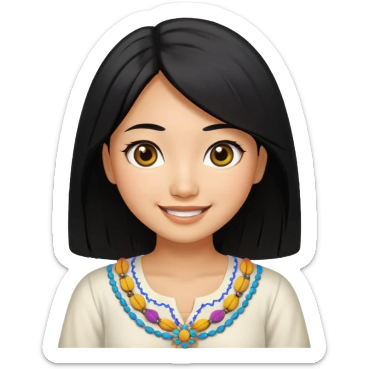 30 yr old asian woman center parted hair big eyes big smile tanned skin straight black hair hippie part hair white blouse sticker