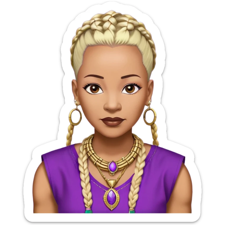 African american 57yr old , chocolate brown  woman who is 5ft 6in with a blonde and black mohawk of individual braids, with low shaved side haircut,
wearing a purple,  dashiki, with an gold  necklace of Draya inscribed,  wearing big gold bamboo earrings in ears with the name engraved of Draya sticker
