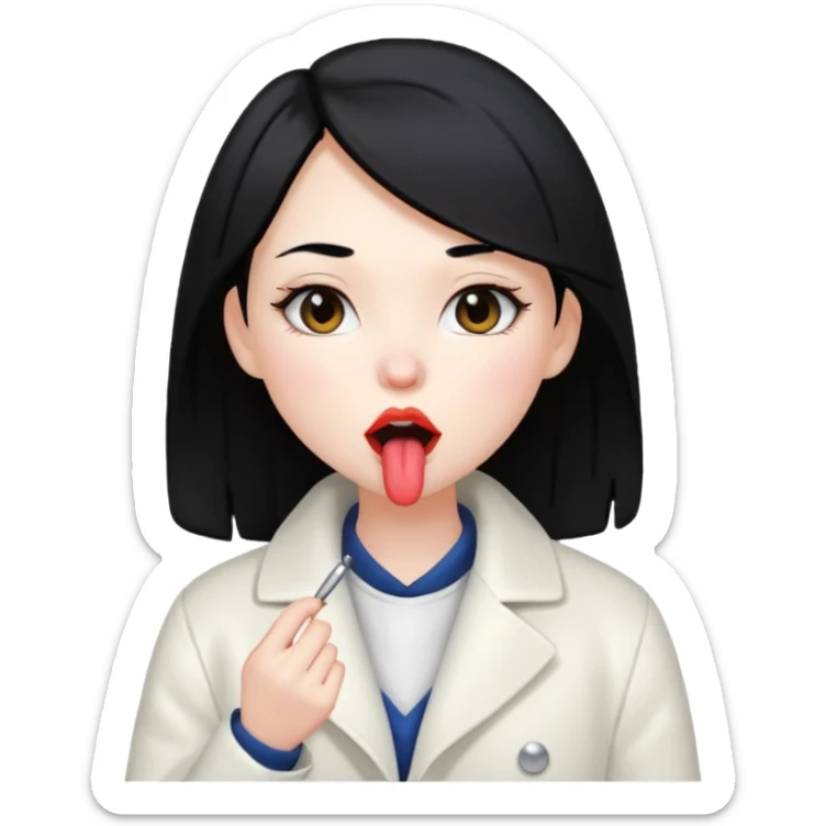 The girl with black hair in a white coat has to lick her lips sticker