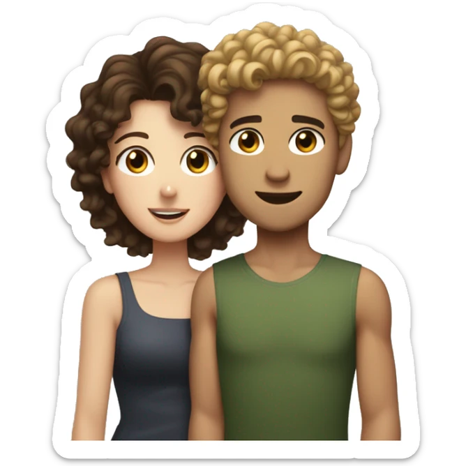 Young man with curly dark blonde hair lifting up a brunette woman with freckles above his head sticker