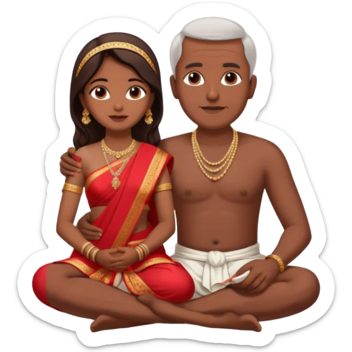 an indian bride sitting on her fathers lap. father is wearing a dhoti, shirtless and sitting on a chai sticker