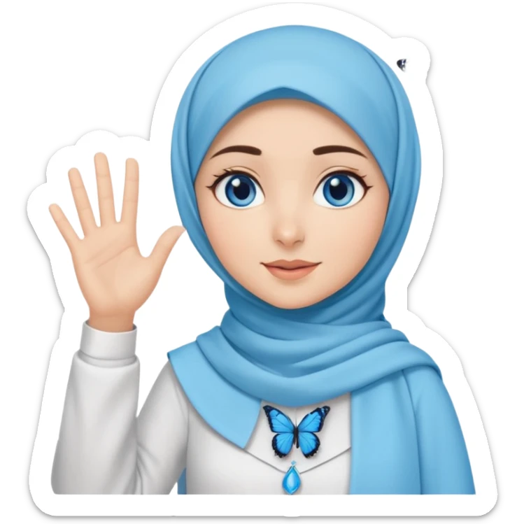Turkish beautiful finish Konya girl blue eyes with light blue butterfly design hijab islamic dress and musically background and she wave one's hand sticker