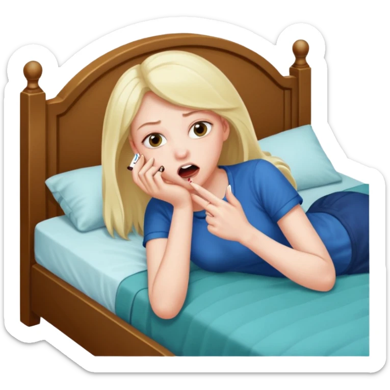 laying on the bed her feeds are visible and shes biting her nail becuase ahe saw something spici sticker