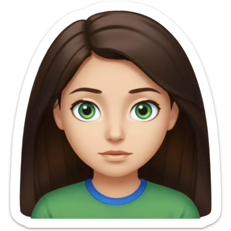 long dark brown hair with highlights in the front, big blue eyes clear skin with neck and green top on sticker