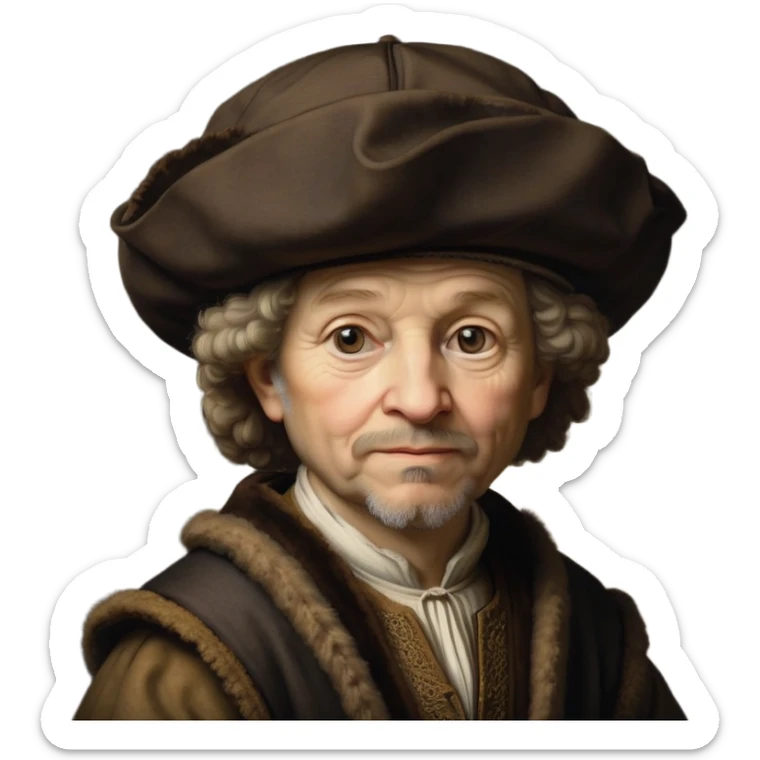 emoji of rembrandt,-shown-as-a-master-artist-with-deep,-introspective-eyes-and-richly-detailed-period-clothing,-rendered-with-dramatic-chiaroscuro-lighting-that-emphasizes-his-legacy brown puffy hat sticker