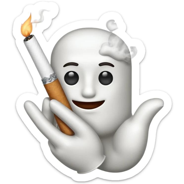 Apple emoji style cartoon white glove hand holding a cigarette with two fingers, smoke rising sticker