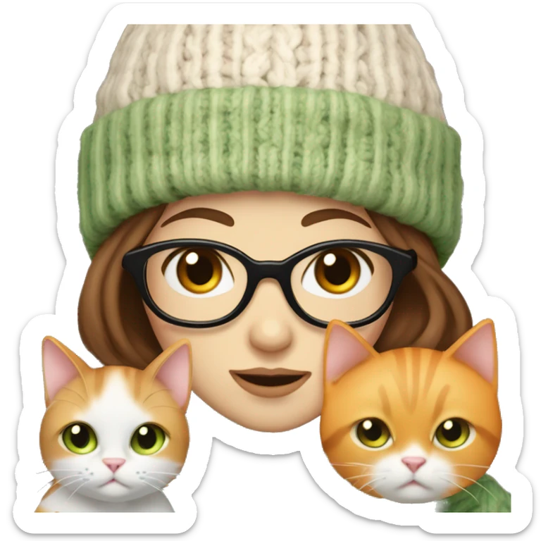 Woman with thin brown hair and a hat with glasses and brown eyes pale skin wearing a scarf and a sweater, holding an orange and white cat with green eyes sticker