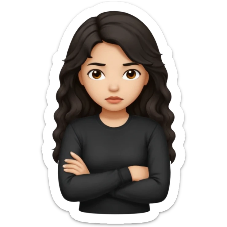 Hispanic girl with dark long wavy hair crossing her arms while pouting and wearing a black long sleeve shirt sticker