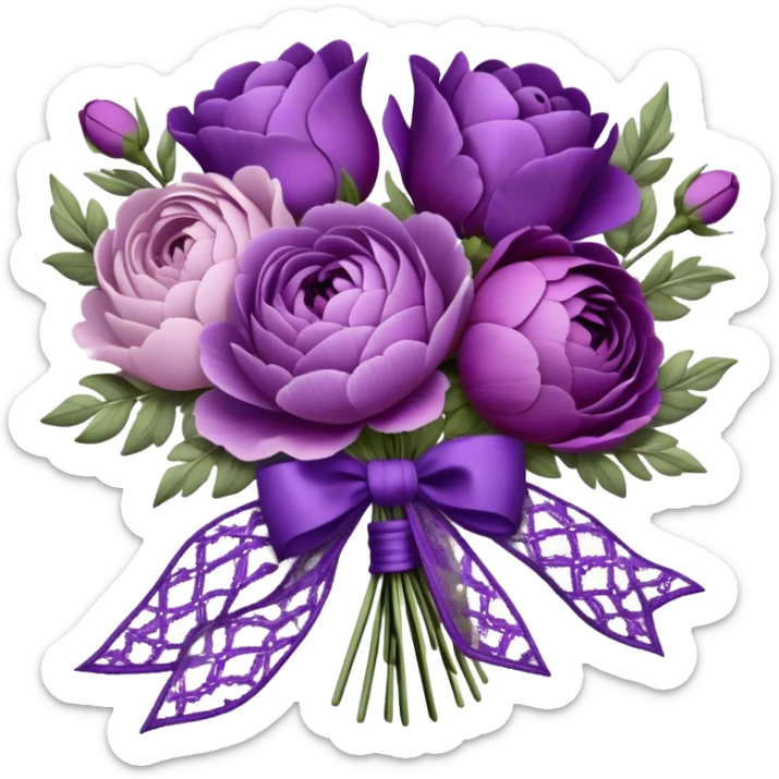 A vintage bouquet of lavender-hued peonies, deep violet roses, and soft lilac pansies, tied together with a silk ribbon in shades of plum and amethyst, rests beneath the glow of a crescent moon. Scattered around are tiny embroidered hearts on a delicate lace handkerchief, while the scent of dried lavender lingers in the cool evening air. sticker