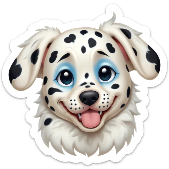 Cinematic Cute Yawning Spotted Dalmatian Portrait Emoji, Head tilted slightly with a dramatic, wide-open yawn, showcasing a smooth Fur of predominantly white with bold black patches, floppy ears slightly drooping, round blue eyes barely open in drowsy contentment, Simplified yet irresistibly adorable features, highly detailed, glowing with a soft, cozy glow, high shine, relaxed yet expressive, stylized with a touch of whimsy, bright and endearing, soft glowing outline, capturing the essence of a sleepy yet affectionate guardian, so drowsy it feels like it could stretch out of the screen and curl up for a nap! sticker