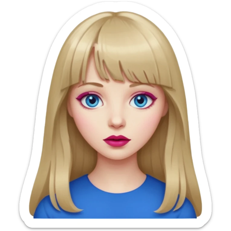 Woman with long dark blond hair and bang, blue eyes, raspberry lip  emoji sticker