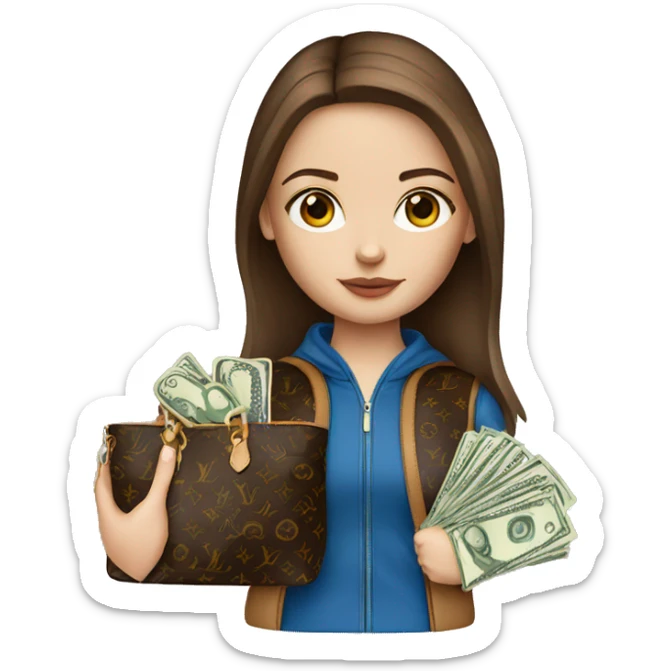 Girl with brown hair and blue eyes wearing louis vuitton bag with money sticker