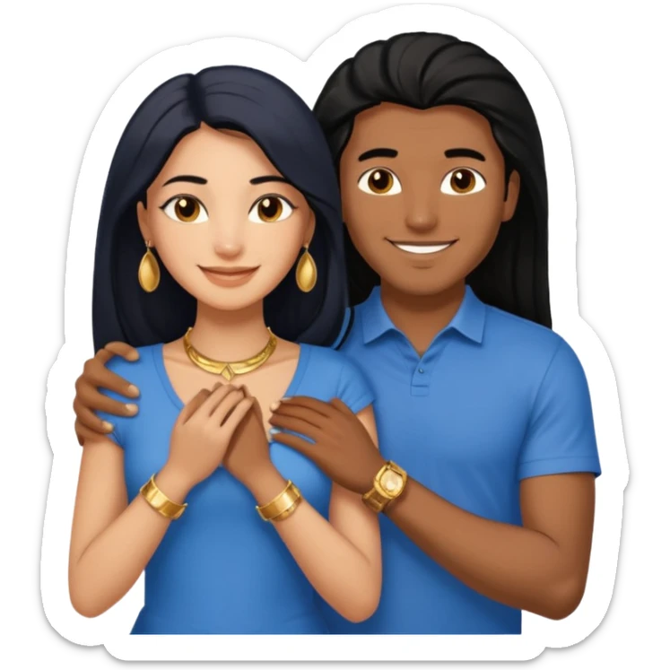 smiling embracing interracial couple from waist up. ebony woman with long hair and jewelry. brazillian man short hair wearing blue. sticker