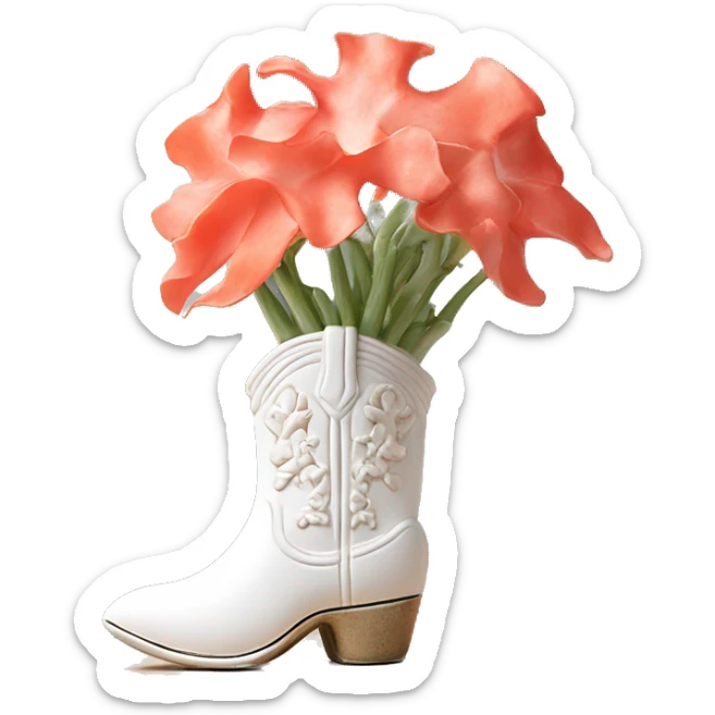 White cowgirl boot vase with coral sticking out of it sticker