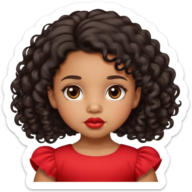 light brown skin tone, very adorable toddler, with big plump lips, long long lashes, black curly hair, middle hair parting, brown eyes, red dress sticker