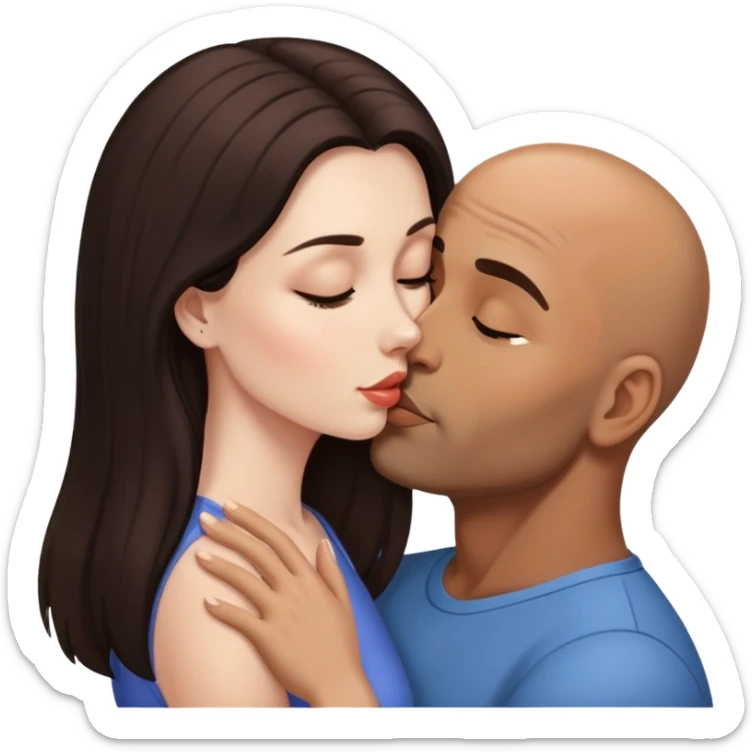 Beautiful woman with long dark hair, kissing a brown bald man sticker