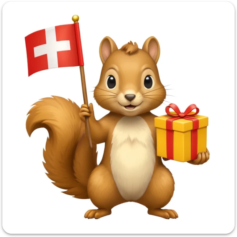 a squirrel holding a yellow gift box in one hand and a Swiss flag in the other, both objects clearly visible, simple white background sticker