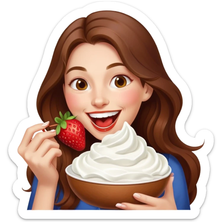 woman with long brown hair eating strawberries with  whipped cream, laughing elegant cute sticker