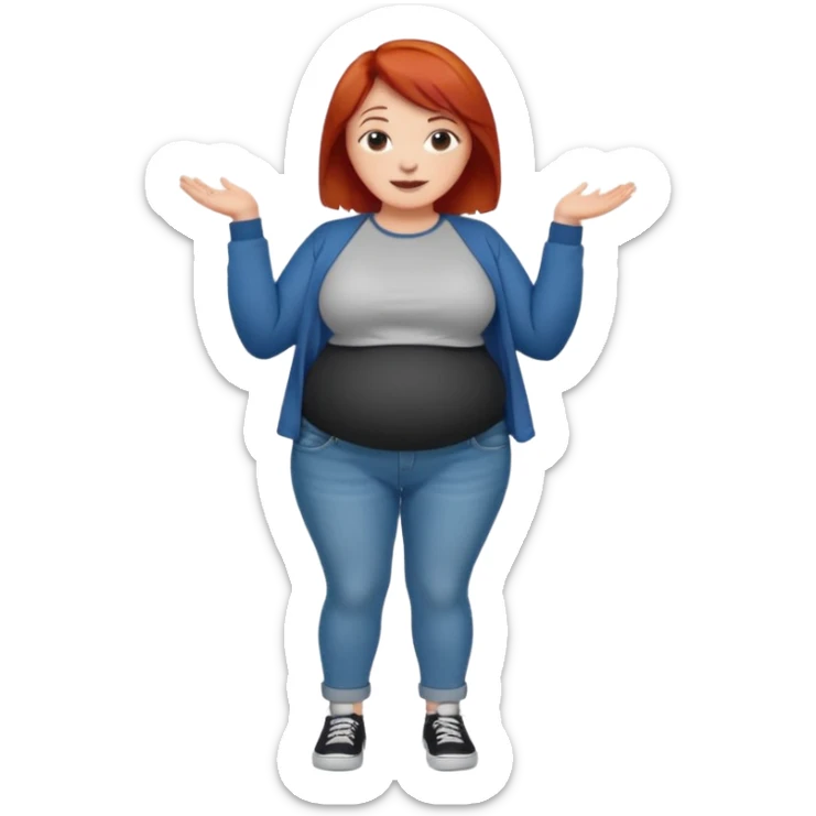 Lazy old Short woman with straight short red hair and fat tummy..wears jeams and full sleeve  tshirt sticker
