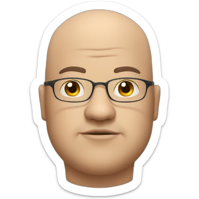 Fat bald man with a lazy eye and small eyes with glasses and a clean shaven face sticker