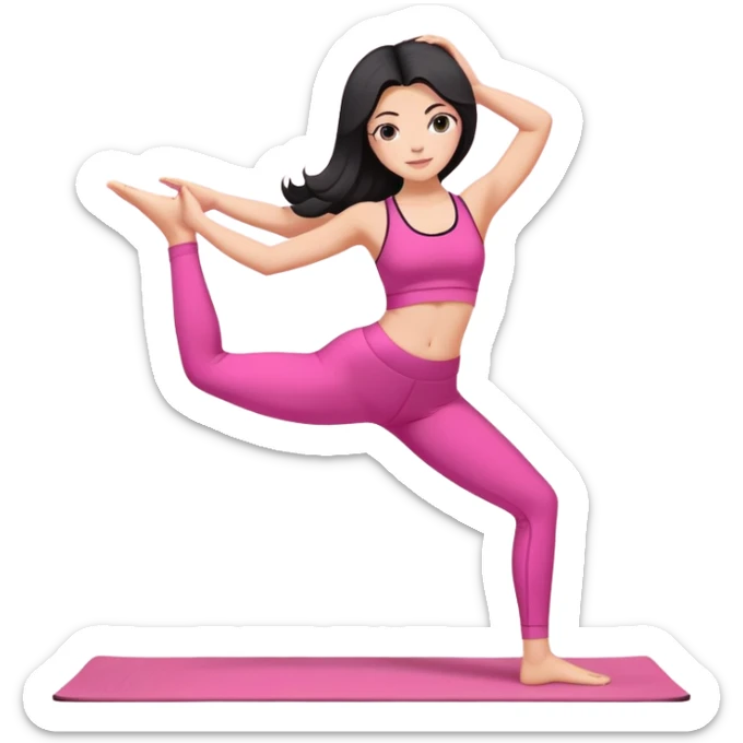 Fazendo Yoga uma menina com cabelo preto um pouco abaixo do ombro,  com top rosa e calça rosa  sticker