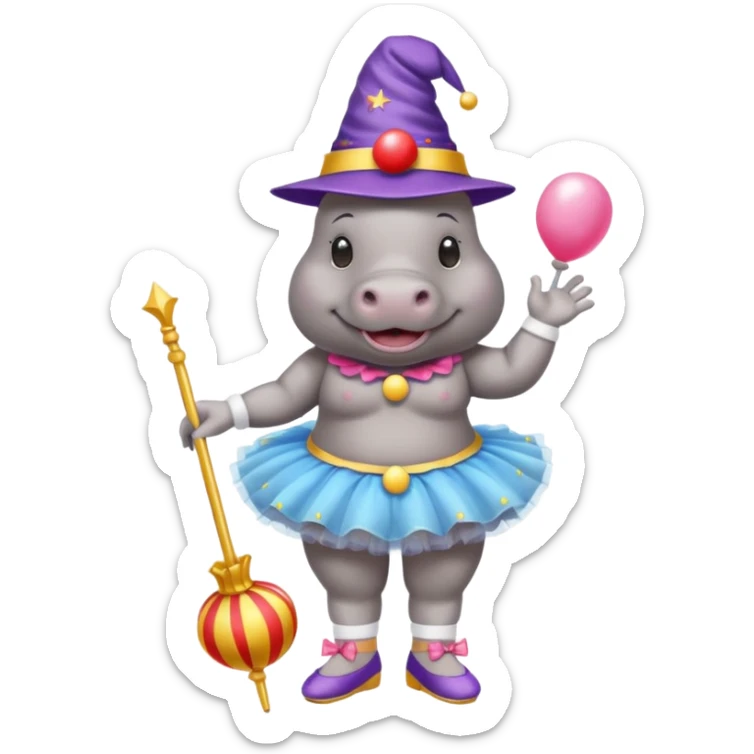 Hippo with a clown nose, a wizard hat, a ballerina tutu, a bikini, sandels and white socks  sticker
