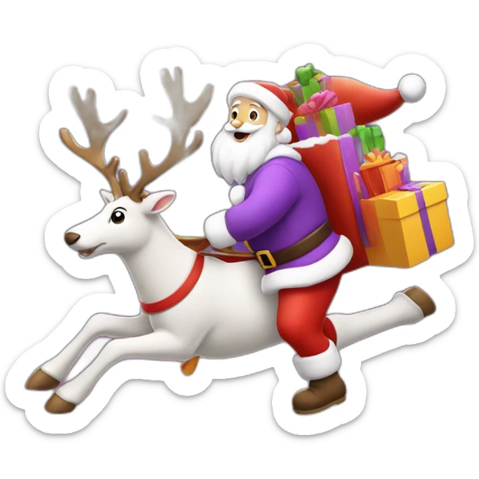 Santa Claus dressed in purple running with the reindeer to deliver the presents sticker