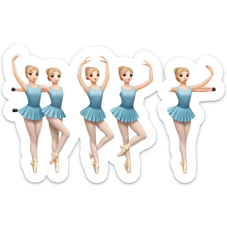 Icon for Choreography: a group of dancers in identical poses by a wall with mirrors, holding a long barre with one hand, and a teacher standing at the side. The icon should represent the discipline, synchronization, and guidance in dance training. Transparent background. sticker