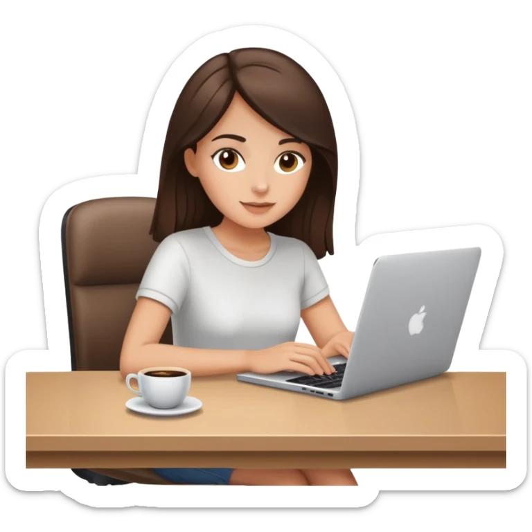 white brunette girl with laptop and coffee sitting at desk sticker
