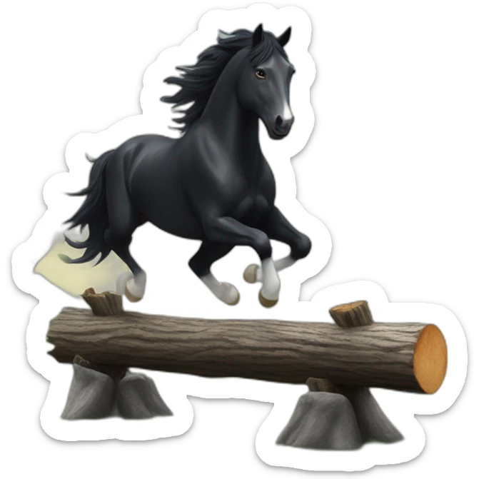 a BLACK HORSE JUMPING A LOG, THE HORSE HAS A WHITE BLAZE AND THREE WHITE SOCKS sticker
