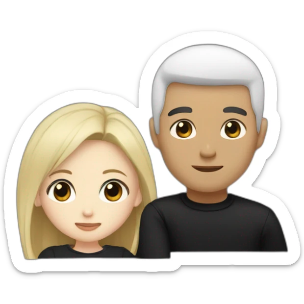 Blonde girl with brown eyes in black sweater and asian man with black hair and white skin hugging sticker