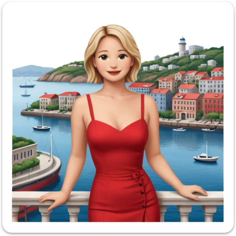 jennifer lawrence, red dress leaning on a balcony with a harbor and cityscape in the background, smiling, closeup sticker