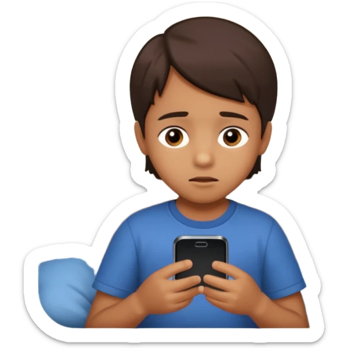 un niño de entre 3 - 10 años jugando con su celular, cansado en una habitacion apagada sticker
