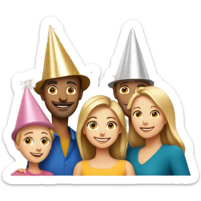 european family of 4 people (mom dad and 2 kids) celebrate new year in birthday hats sticker