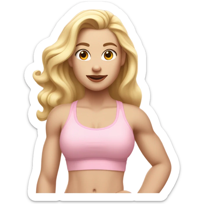 Woman, white skin, pale skin, long hair, blonde hair, wavy hair, baby pink sports bra, baby pink leggings, flexing one arm up sticker