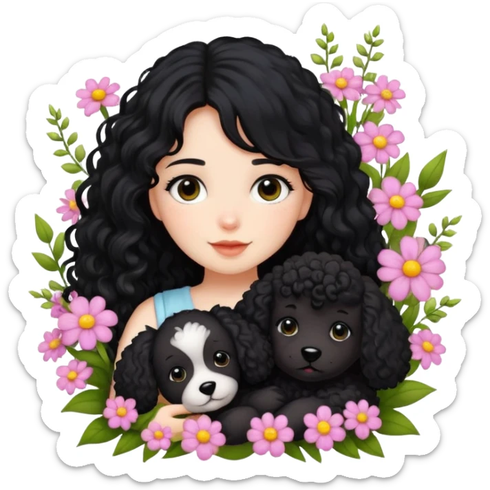 A girl with long black hair is holding a black curly-haired teddy dog ​​in the flowers sticker