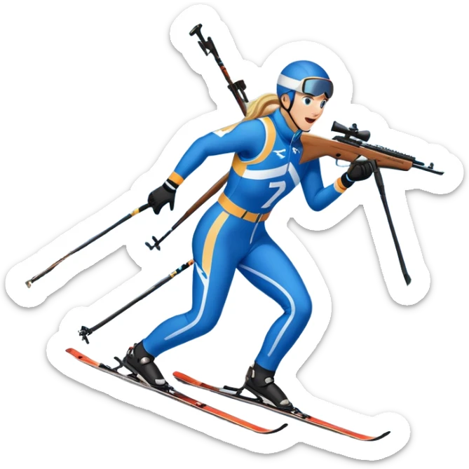 An icon showing a biathlete skiing on a snow-covered Olympic track with a rifle on their back. Cheering fans fill the stands. Majestic mountains, snowy trees, and a bright blue sky complete the scenic winter landscape. Transparent background captures the spirit of biathlon. sticker
