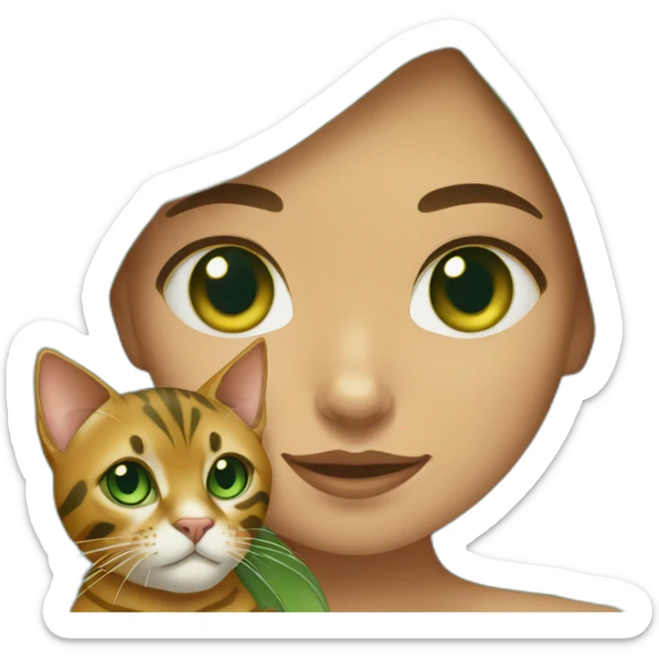 Green-eyed girl holding a green-eyed Bengal cat sticker