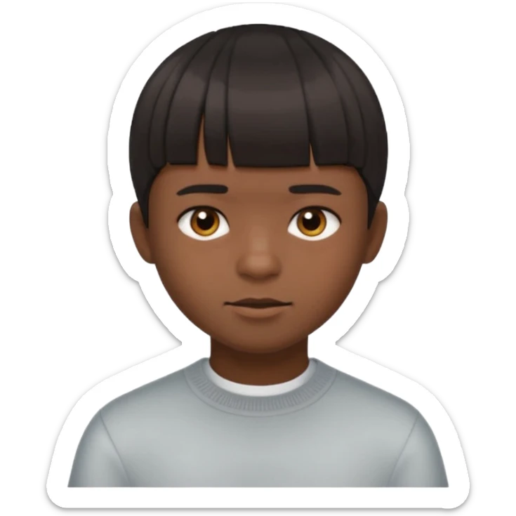 A boy no long hair À emoji that don’t smile Dark brown thick hair, short blunt fringe with straight bangs, a lot more compact textured top, evenly cut front, short tapered sides (shaved), clean modern haircut, realistic emoje style, neutral expression. sticker
