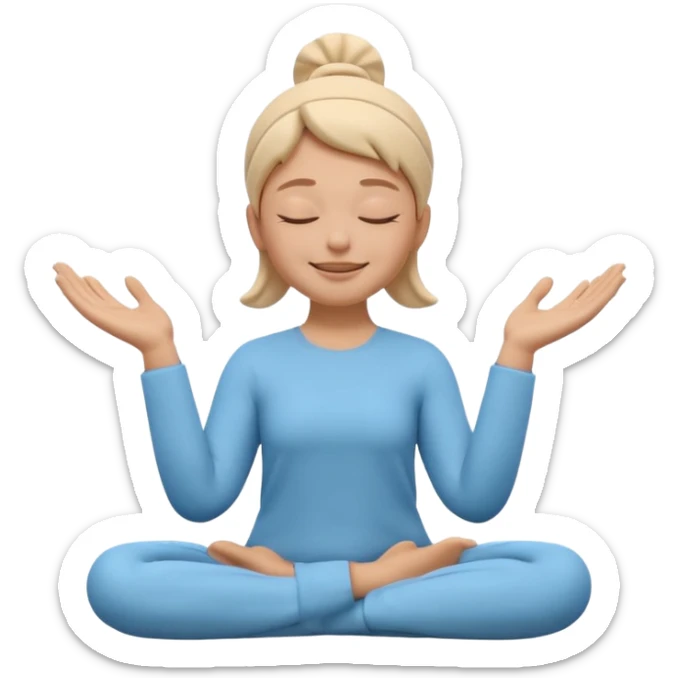 Apple Memoji style 3D character, male/female, eyes closed with a peaceful serene smile, hands making a 'zen' or 'relax' gesture, soft studio lighting, high resolution, 4k, octane render, clean 3D clay texture, vibrant colors, isolated on a plain white background." sticker