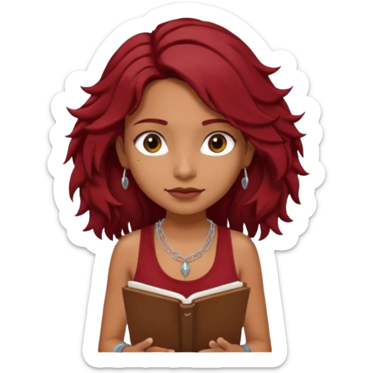a pretty tan indian bratz girl with messy dark wavyred hair, wearing a dark red tank top, layered silver necklaces. Carrying multiple sketchbooks sticker