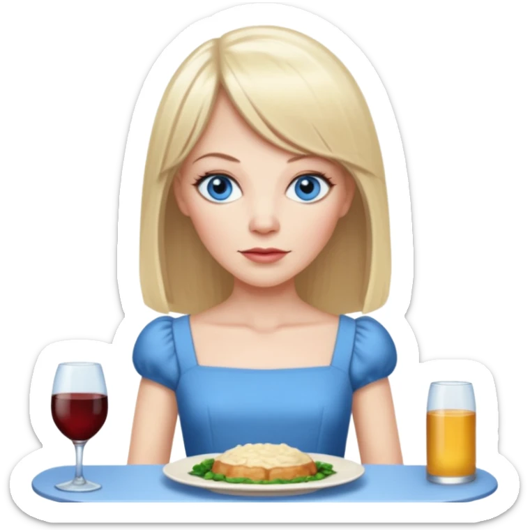 45 yr old white woman, pale skin, long straight blond hair parted in center, blue eyes, bangs, clothes for dinner sticker