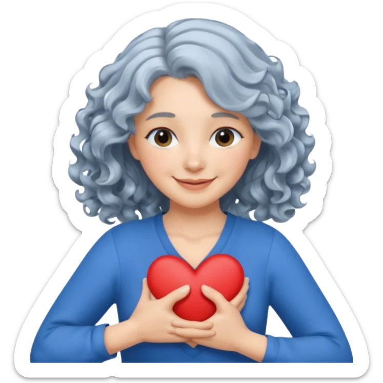 Silverhair, wavy/curly hair chin-length lady giving hug with 2 arms, blue v-neck and smiling, add a heart sticker